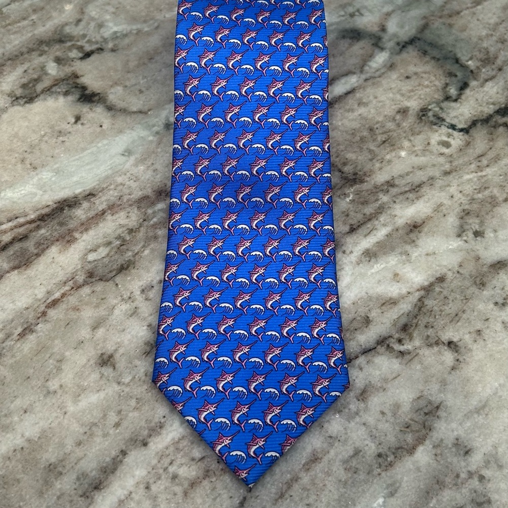 Cape Cod Neckwear Marlin Swordfish Fish Printed Silk Neck Tie Blue